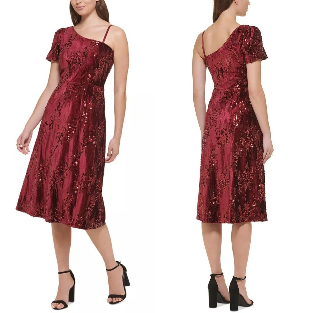 Kensie One-Shoulder Fit & Flare Sequin Velvet Formal Dress Burgundy - Picture 1 of 15